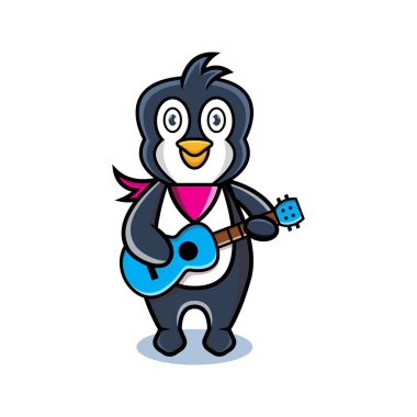 Hoş bir çizgi film tarzında gitar çalan bir penguen.