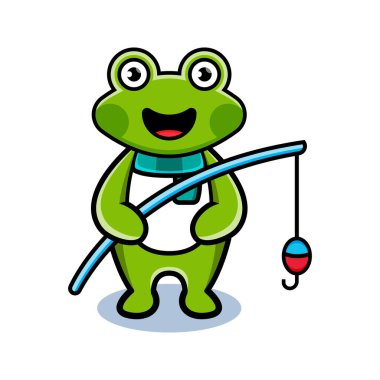 Çizgi film hayvani şirin kurbağa elinde olta tutuyor.
