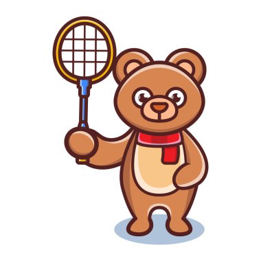 Elinde badminton raketi tutan sevimli bir ayı çizgi film hayvanı.