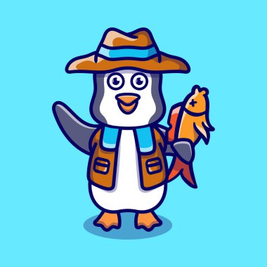 Şirin penguen çizimi balık yakalıyor.