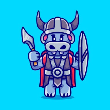 Tatlı su aygırı balta ve kalkanla vikliyor.