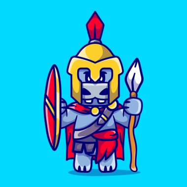 Şirin hipopotam gladyatör Spartan kalkan ve mızrakla