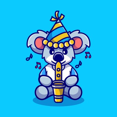 Güzel koala mutlu yıllar trompet ve şapkayla