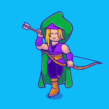 Maskot çıkartması ve tişört tasarımı için uygun güzel kadın okçu illüstrasyonu