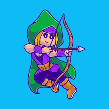 Maskot çıkartması ve tişört tasarımı için uygun güzel kadın okçu illüstrasyonu