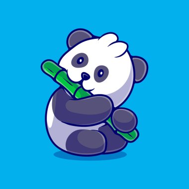 Şirin panda, maskot çıkartması ve tişört tasarımı için uygun bambu resimlerini yiyor.