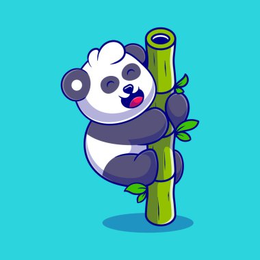 Maskot çıkartması ve tişört tasarımı için uygun bambu üzerinde asılı şirin panda çizimi