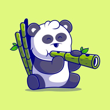 Maskot çıkartması ve tişört tasarımı için uygun bambu flüt çalan sevimli panda çizimi
