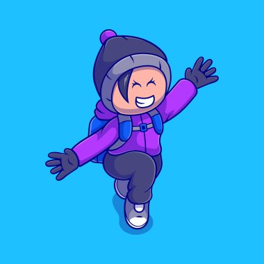 Güzel yürüyüşçü kız çizimleri maskot çıkartması ve tişört tasarımı için uygun.