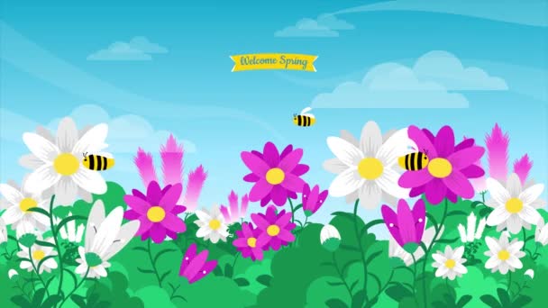 Άνοιξη Animation Μια Μέλισσα Φτερουγίζει Ανάμεσα Πολύχρωμα Λουλούδια — Αρχείο Βίντεο