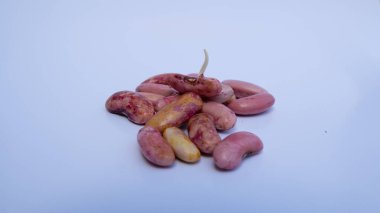 Tomurcuklanan pembe fasulyeler, büyümenin erken belirtileri ve hassas renk çeşitliliği. Filizlenmenin ilk belirtilerini gösteren pembemsi fasulye yığını.