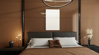 Kahverengi duvarlı poster çerçevesi ve 3D işlemeli yatak