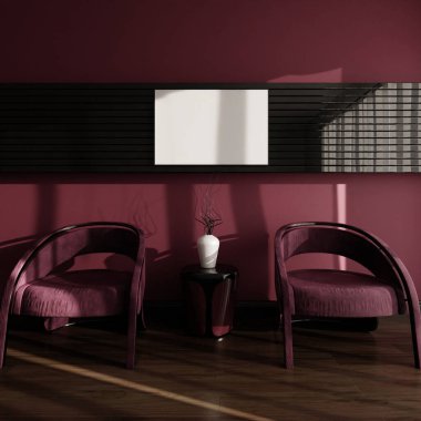 3D işlemeli kırmızı duvar ve koltuklu poster çerçeve modeli