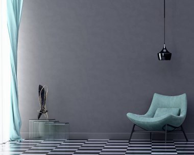 Gri duvar modeli, modern heykel koltuğu ve lambası 3D.