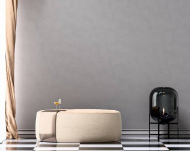 Gri duvar modeli, modern pouf içecekleri ve zemin lambası 3D çizimi.
