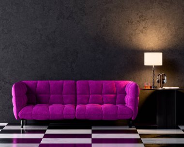 Mor kanepe, mermer zemin ve beton 3D döşeme.