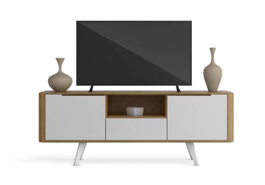 Beyaz arka planda oturma odasında televizyon