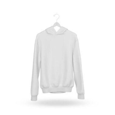 Beyaz arka planda siyah yakalı beyaz kapüşonlu. ön görünüm.