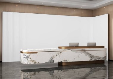 Bilgisayarı ve beyaz mermer duvarı olan modern ofis masası. 3d oluşturma