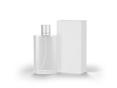 Buzlu cam ve silindirik kapaklı minimalist parfüm şişesi. Düz dikdörtgen kutunun yanında.