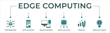 Dağıtılmış bilgisayar, uygulama, aygıt düğümleri, veri hacmi, trafik ve maliyetleri düşürme ikonu ile yan hesaplama web sitesi ikonu vektör ilüstrasyon kavramı.