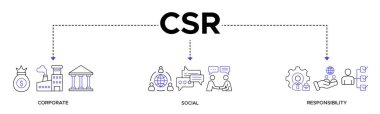 CSR Banner web simgesi iş ve organizasyon için katı vektör çizimi, kurumsal sosyal sorumluluk ve topluma geri verme
