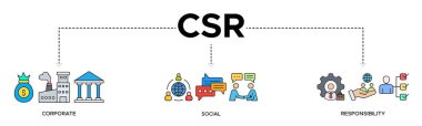 CSR Banner web simgesi iş ve organizasyon için katı vektör çizimi, kurumsal sosyal sorumluluk ve topluma geri verme