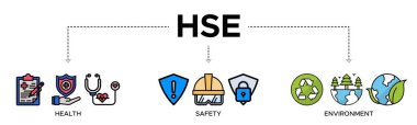 İş güvenliği ve sağlık alanında Sağlık Güvenliği Ortamı için HSE pankartı web simgesi vektör ilüstrasyonu