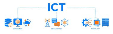 Anten, radyo, ağ, web sitesi, veritabanı, bulut, sunucu, veri, elektronik ve işlemci ikonları ile bilgi ve iletişim teknolojisi için ICT paneli web simgesi vektör ilülasyonu kavramı