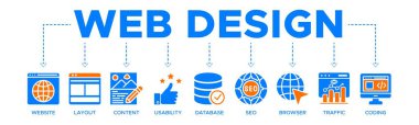 Web tasarımı başlığı web simgesi, web sitesi simgesi, yerleşim, içerik, kullanılabilirlik, veritabanı, seo, tarayıcı, trafik ve kodlama simgesi içeren illüstrasyon konsepti