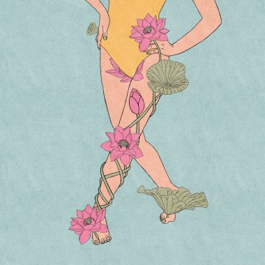 Nilüfer çiçeği kostümü giyen bir kızın çizimi. Dans okulu, sağlık hizmetleri ve vücut kıllarını çıkarmak için, kartpostal olarak, bir tişörtte parmak izi olarak kullanılabilir.