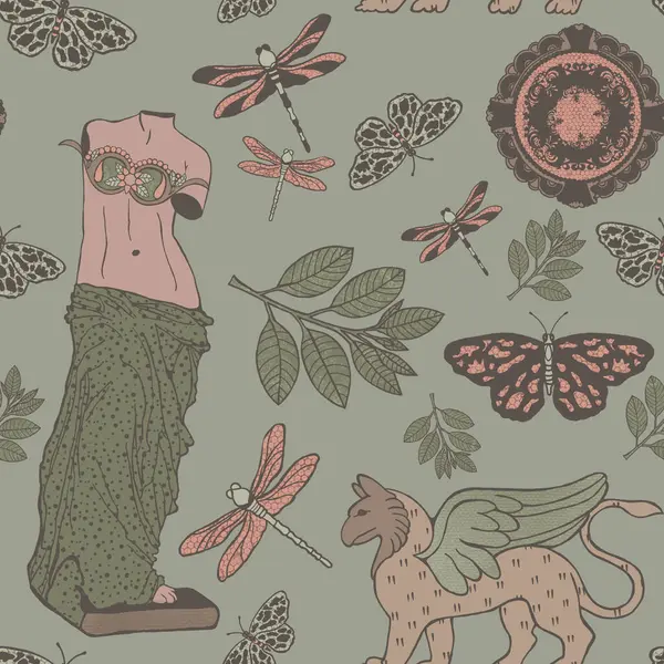 Seamless pattern on the theme of Greek mythology and griffin, saplings, dragonflies and leaves