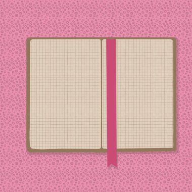   İçi boş, işaretlenmemiş bir defterin tasviri. Üzerinde yazı olmayan, dokulu bir arkaplan ve kitap ayracı olan bir defter. Farklı dokulara sahip bir defterin minimalist illüstrasyonu.