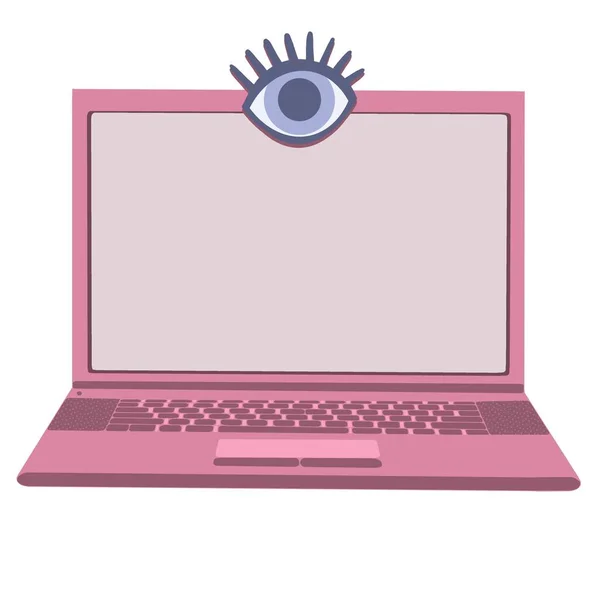 Illustration with a pink laptop and a camera in the form of a human eye. Isolated laptop illustration