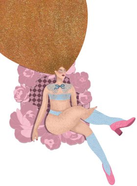   İç çamaşırlı, pembe ayakkabılı ve çoraplı kızıl saçlı bir kız. Kızıl saçlı kadın. Pin-up kızı. Mavi yakalı kadın. Vücut pozitifliği