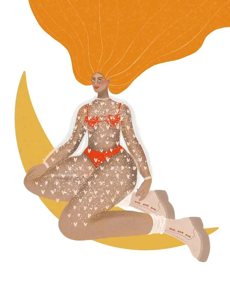 A girl with red hair in a pareo and boots sits on the moon. Red-haired woman in beige shoes. Pin-up girl. Body positivity. Woman on a white background. woman on the moon