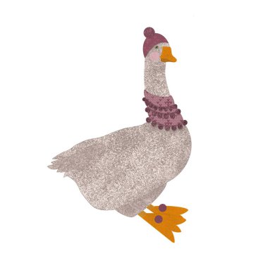   Beyaz arka planda şapkalı ve atkılı kaz. Şirin kaz çizimi