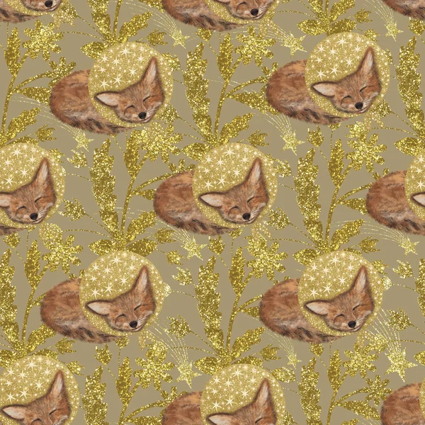 Seamless pattern with foxes and gold stars. Pattern with sleeping foxes. Magic pattern with chanterelles. Pattern with cute fluffy foxes