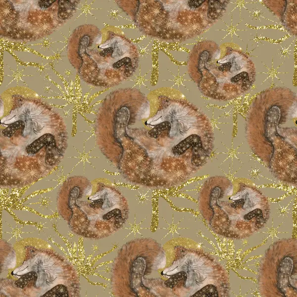 Seamless pattern with foxes and gold stars. Pattern with sleeping foxes. Magic pattern with foxes