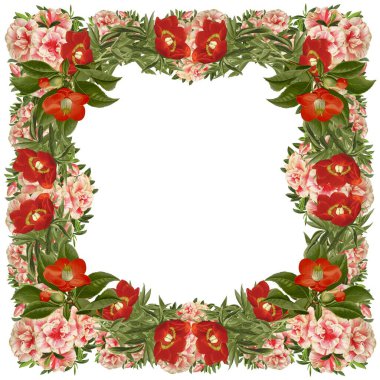 Beyaz manolya çiçekleri üzerinde klasik çiçekler kırmızı kamelya çiçekleri ve pembe açelya çiçeklerinin kare çerçevesi