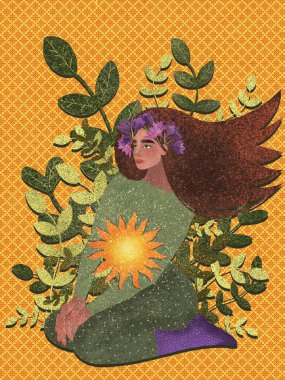 Yeşil elbiseli, yeşil çimenli, uzun saçlı yaz kızı. Yaz kadını.