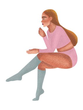 Uzun kızıl saçlı güzel bir kadın beyaz bir arka planda iç çamaşırları ve çoraplarıyla oturuyor.