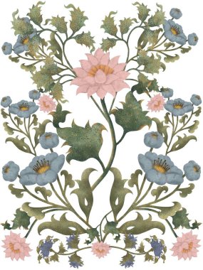   Ayna botanik deseni. Beyaz arka planda suluboya çiçekleri olan bir süs. İskandinav halkı geleneksel motif, kartpostal veya poster
