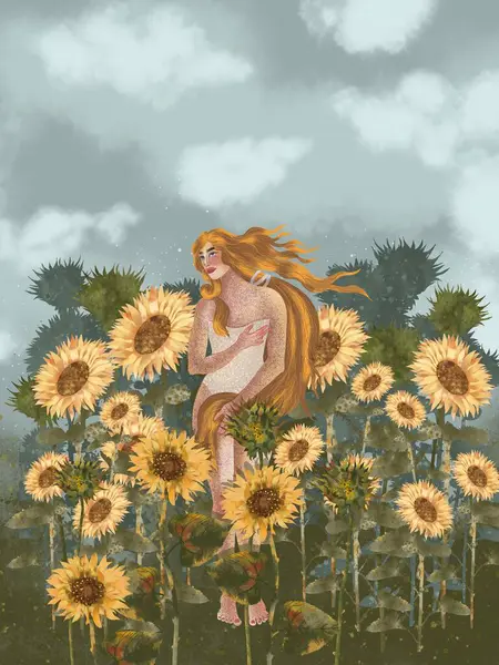 stock image   Full length portrait of woman with long red hair in Botticelli style on watercolor background with sunflowers