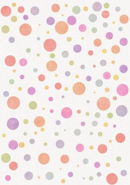 Farklı boyutlarda çok renkli polka noktaları suluboya arka planda düzenlenmiş kaotik bir sırayla dizilmiş.