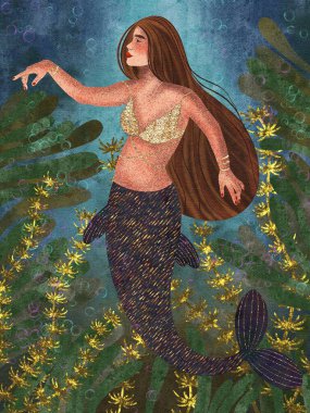 Uzun boylu güzel deniz kızı, dijital suluboya, peri masalı güzel deniz kızı sualtı dünyası, deniz kızı dijital suluboya deniz kızı 