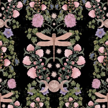 Kusursuz botanik desen. Siyah arka planda suluboya yusufçuk ve pembe çiçeklerle süslenmiş. İskandinav geleneksel motifi veya halk tarzı motifi