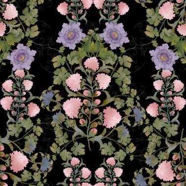 Kusursuz botanik desen. Siyah arka planda pembe ve mor çiçekli suluboya süsler. İskandinav geleneksel motifi veya halk tarzı motifi