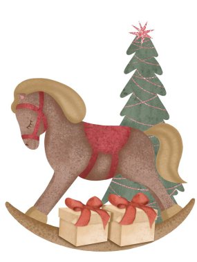   Yeni yıl suluboya resimlerinde hediyeli bir sallanan at ve beyaz arka planda süslü bir Noel ağacı var.