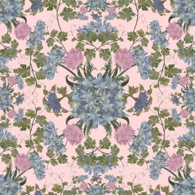 Halk sanatı tasarım elementleri ile halk düzeni. Halk botanik suluboya desenli mavi Chionodoxa çiçekleri ve açık arkaplanda pembe paskalya çiçekleri